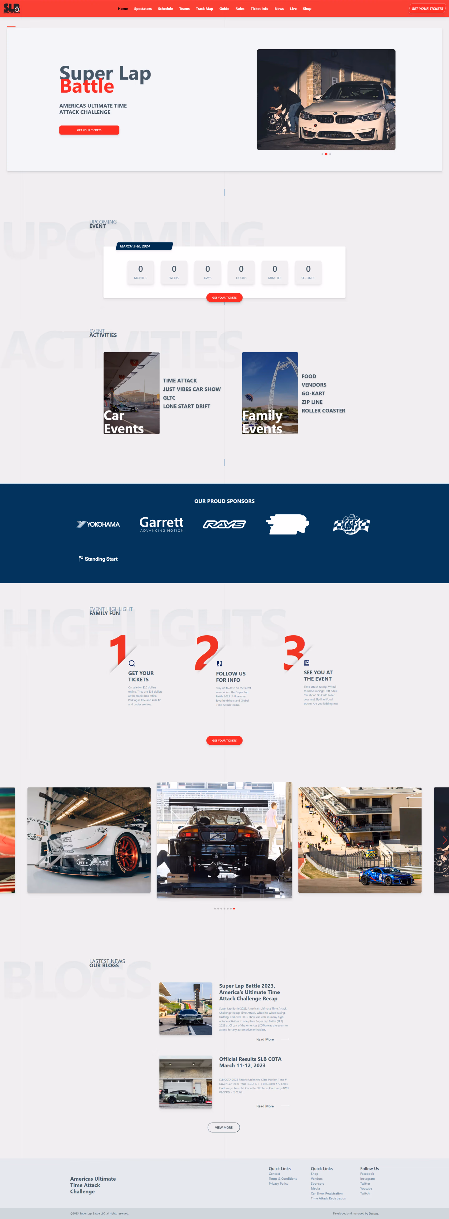 Super Lap Battle home page designed by Desque, cinematic hero with oversized typography