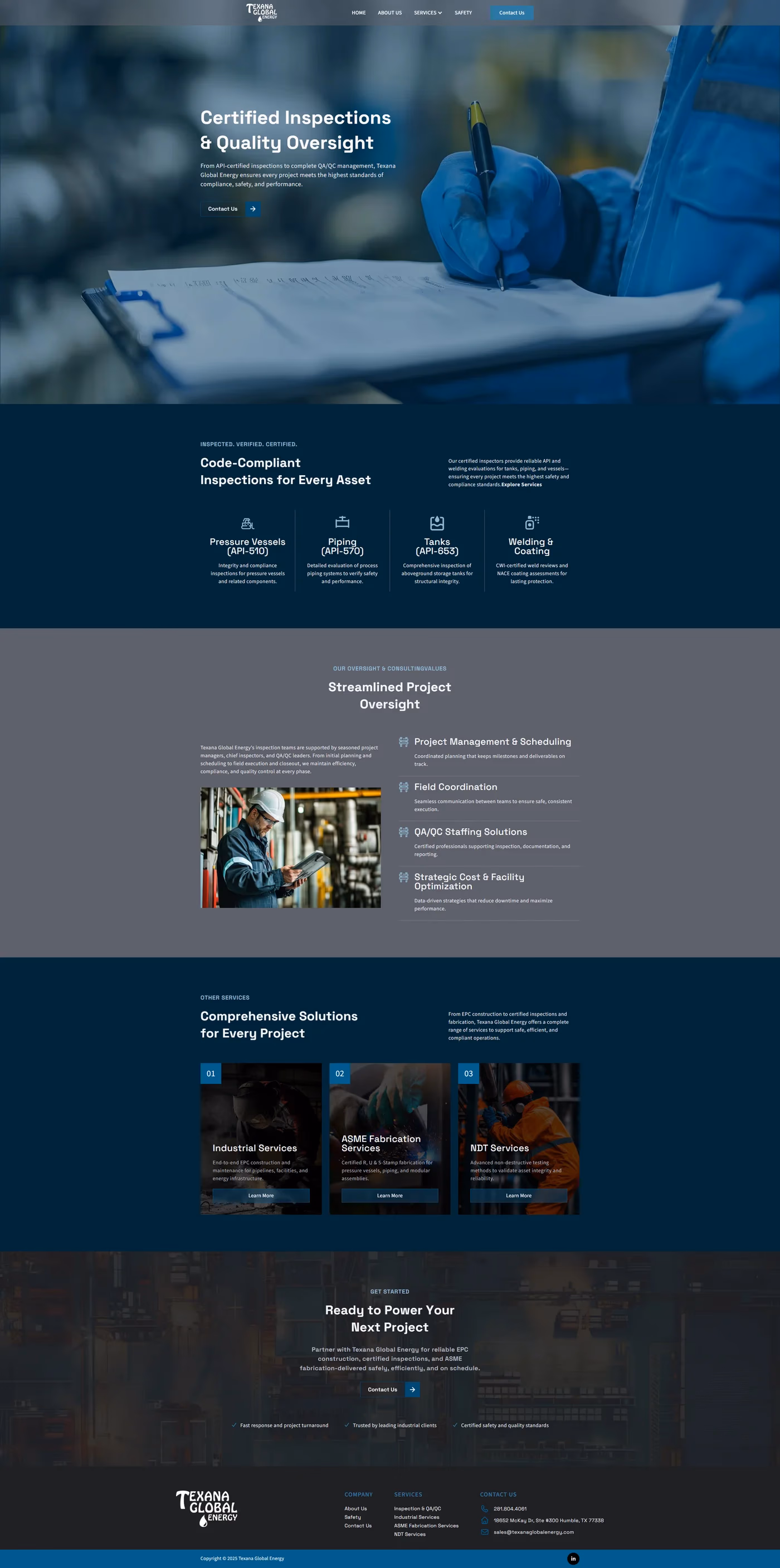 Texana Global Energy inspection services page designed by Desque