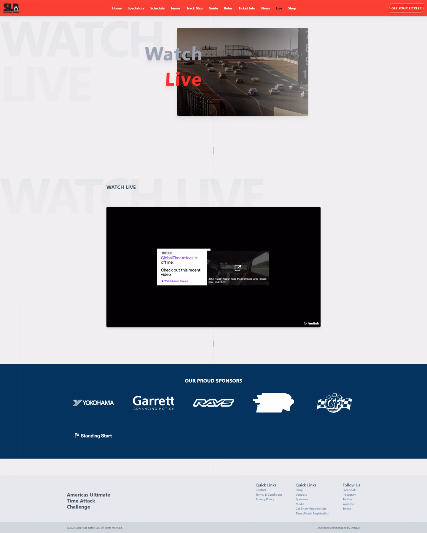 Super Lap Battle live page designed by Desque, livestream access and event coverage hub