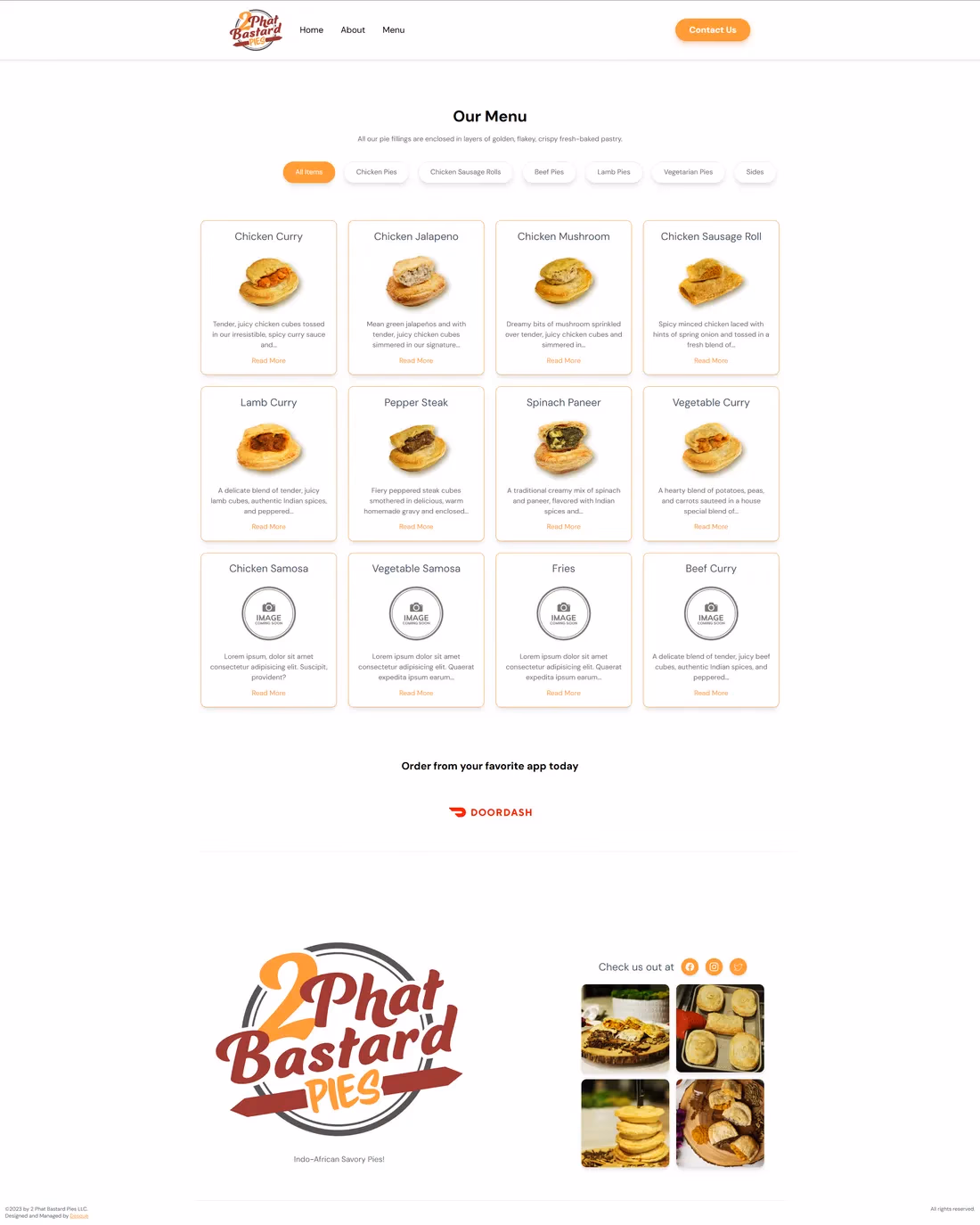 2 Phat Bastard Pies menu page designed by Desque on Webflow