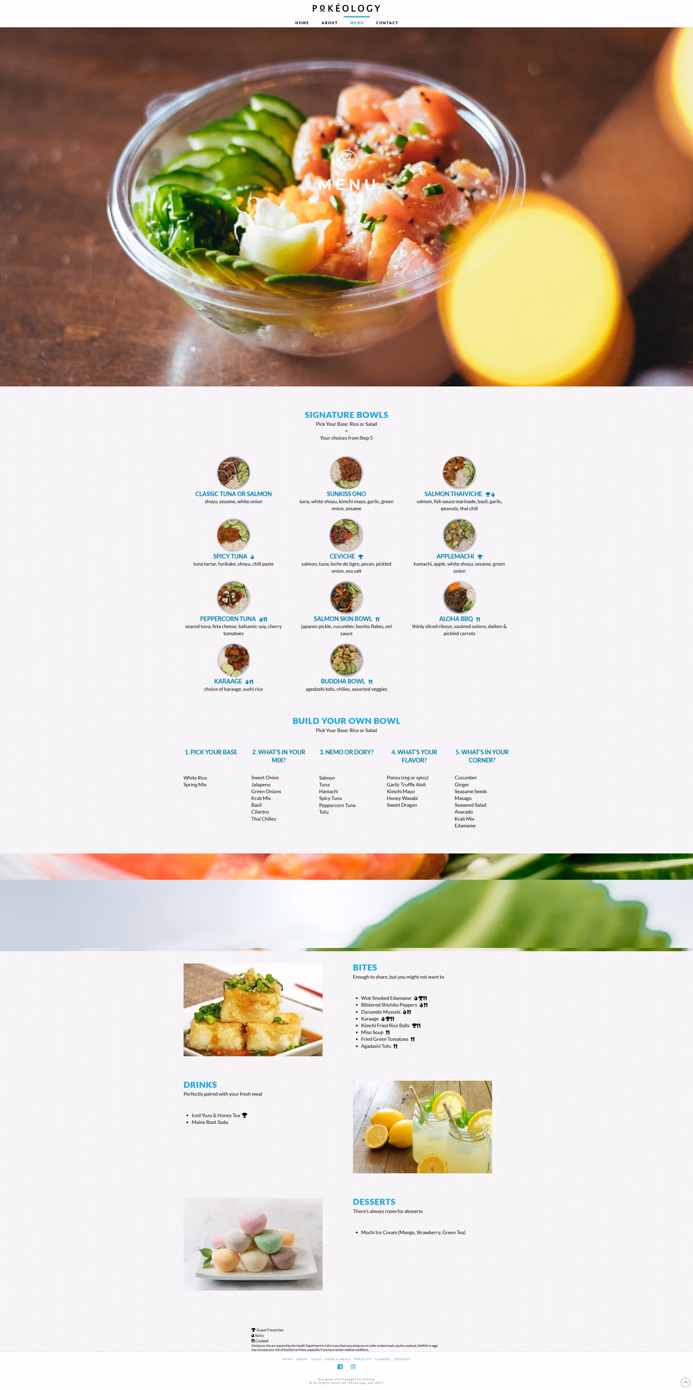 Pokeology website menu page showing poke bowl options, designed by Desque