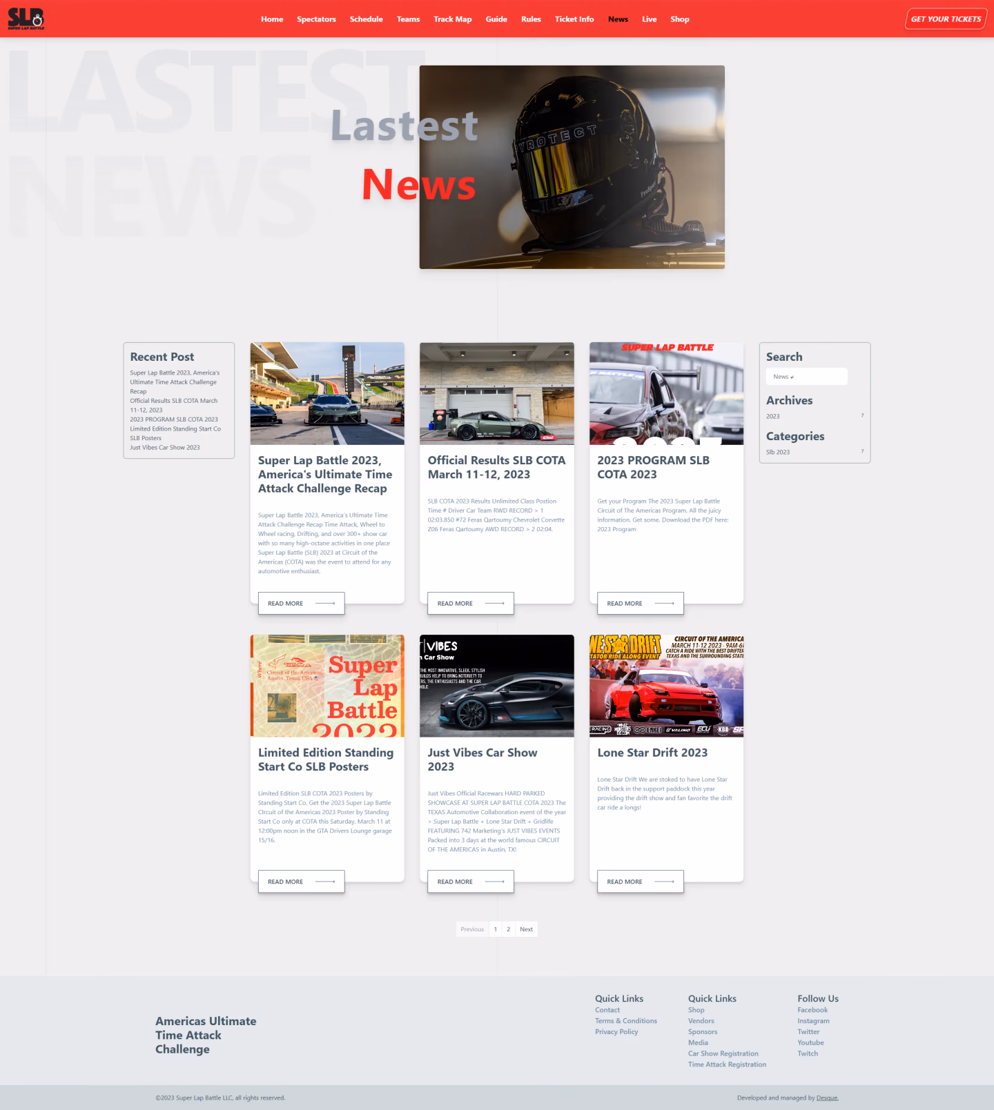Super Lap Battle news page designed by Desque, event media and blog content system