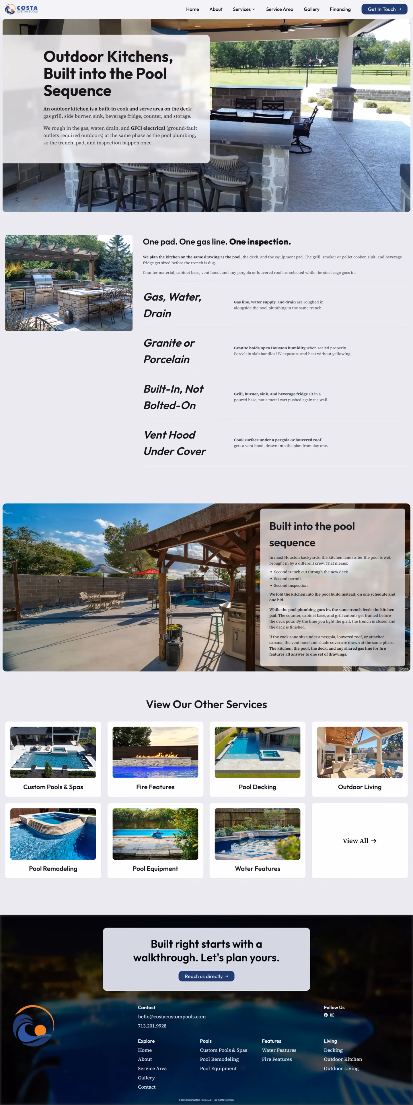Costa Custom Pools outdoor kitchen service page designed by Desque