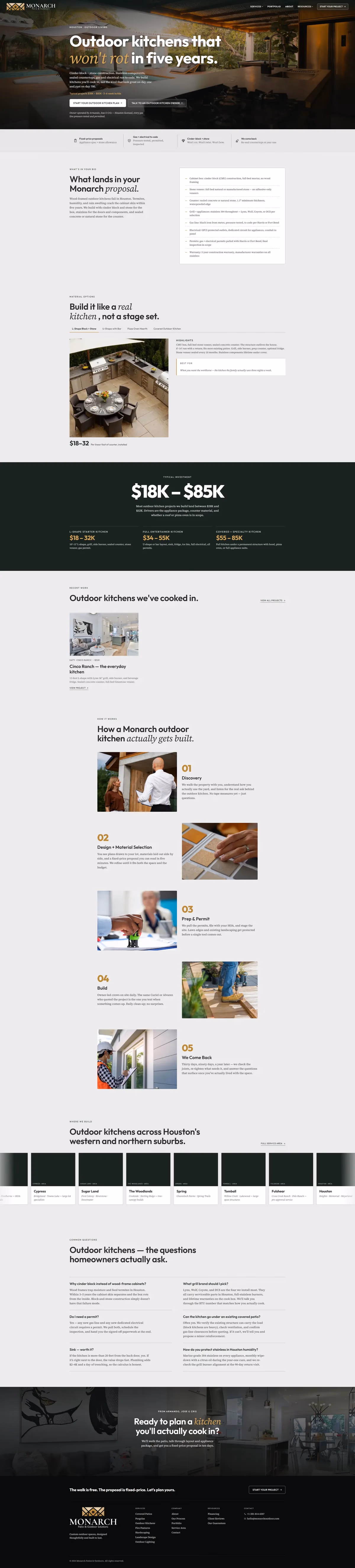 Monarch Patio and Outdoors outdoor kitchens service page designed by Desque