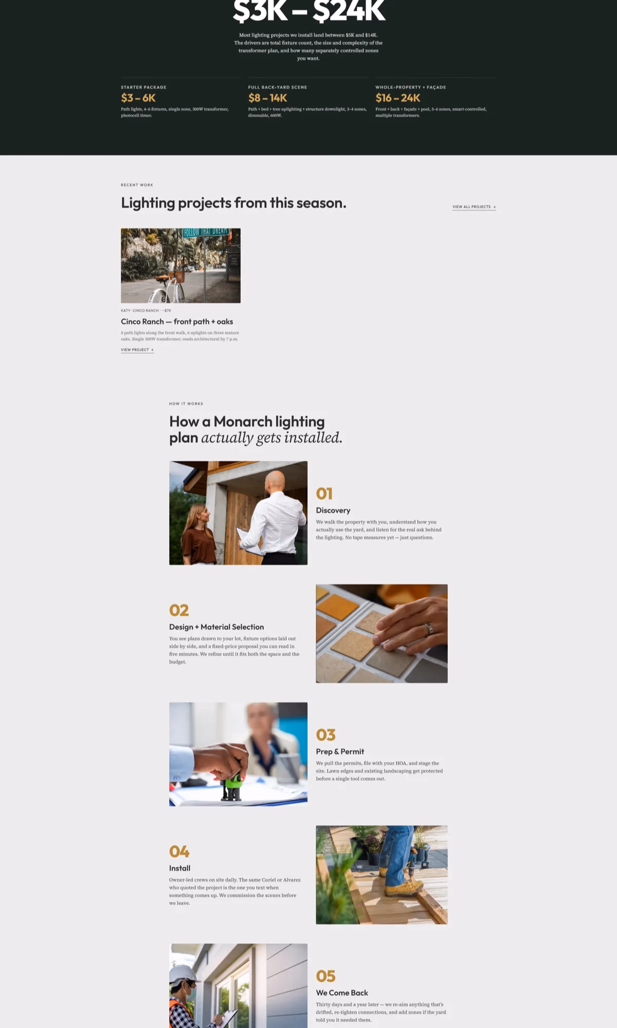 Monarch Patio and Outdoors outdoor lighting service page designed by Desque