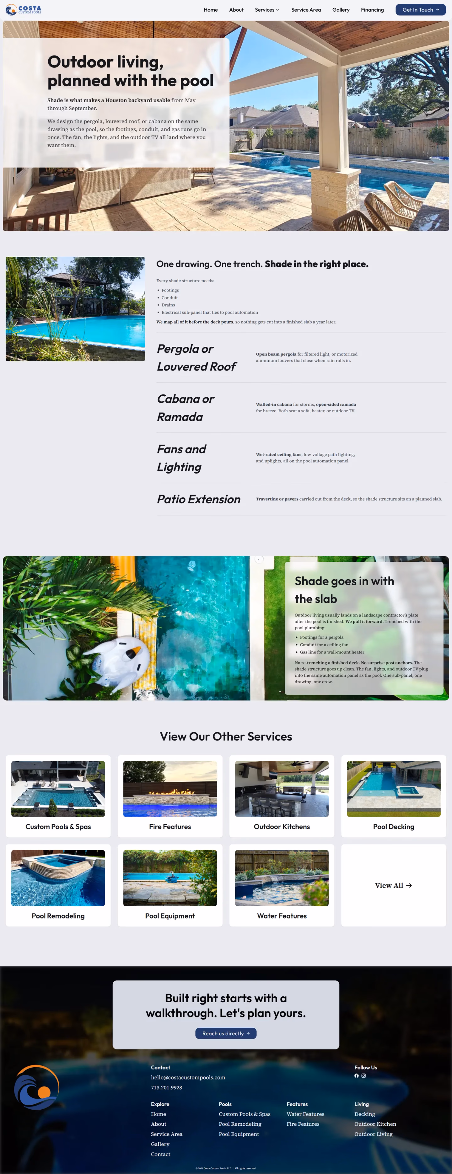Costa Custom Pools outdoor living service page designed by Desque