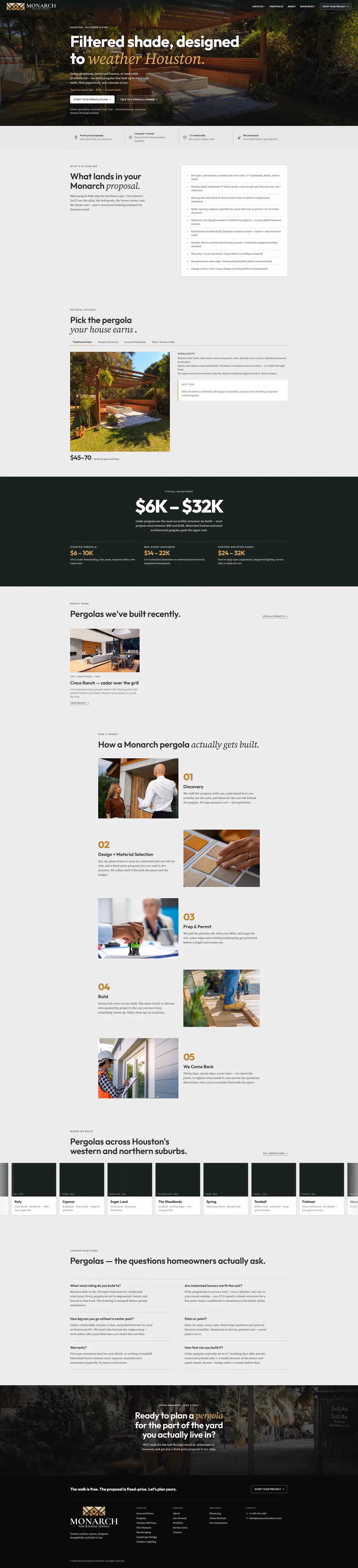 Monarch Patio and Outdoors pergolas service page designed by Desque
