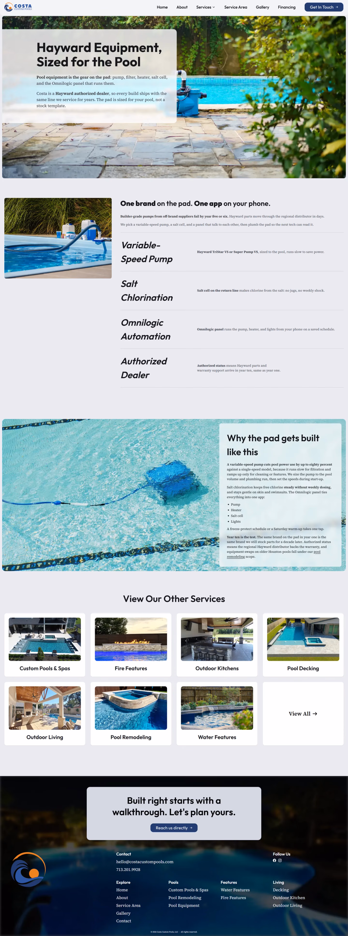 Costa Custom Pools pool equipment service page designed by Desque