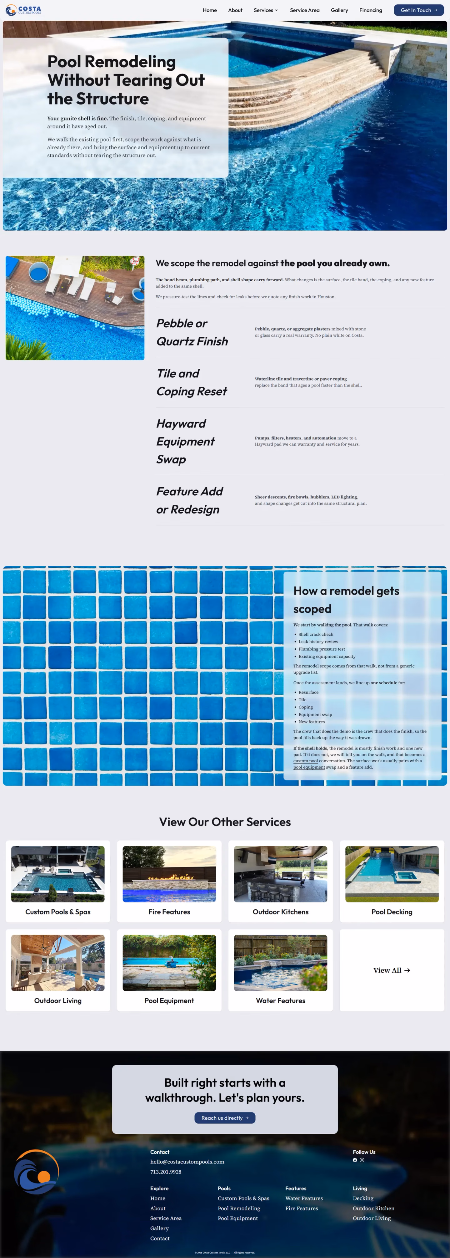 Costa Custom Pools pool remodeling service page designed by Desque
