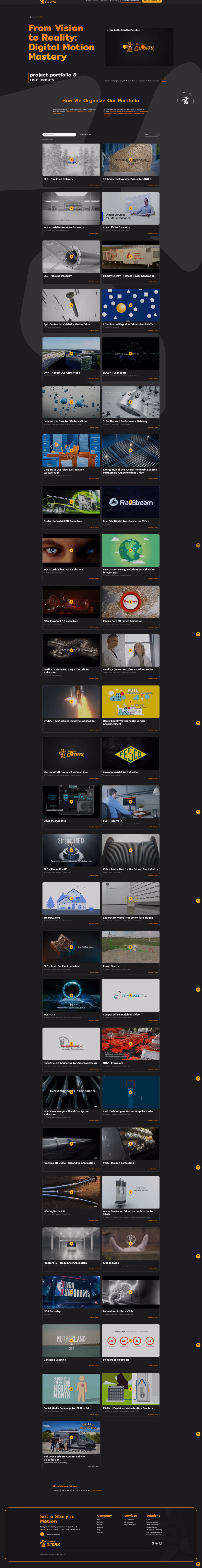 Motion Giraffx portfolio page with searchable case study system designed by Desque