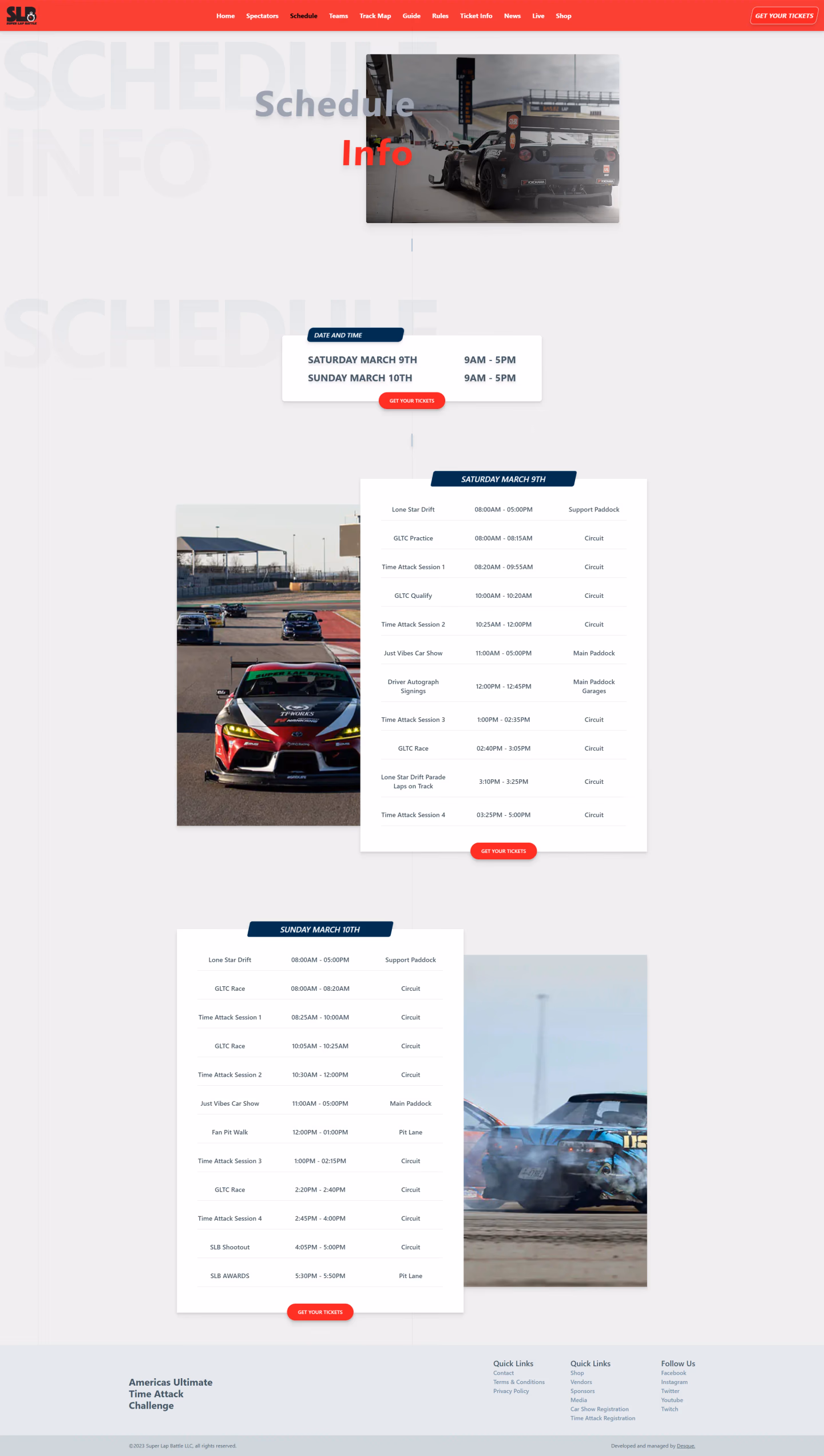 Super Lap Battle schedule page designed by Desque, modular event timeline layout