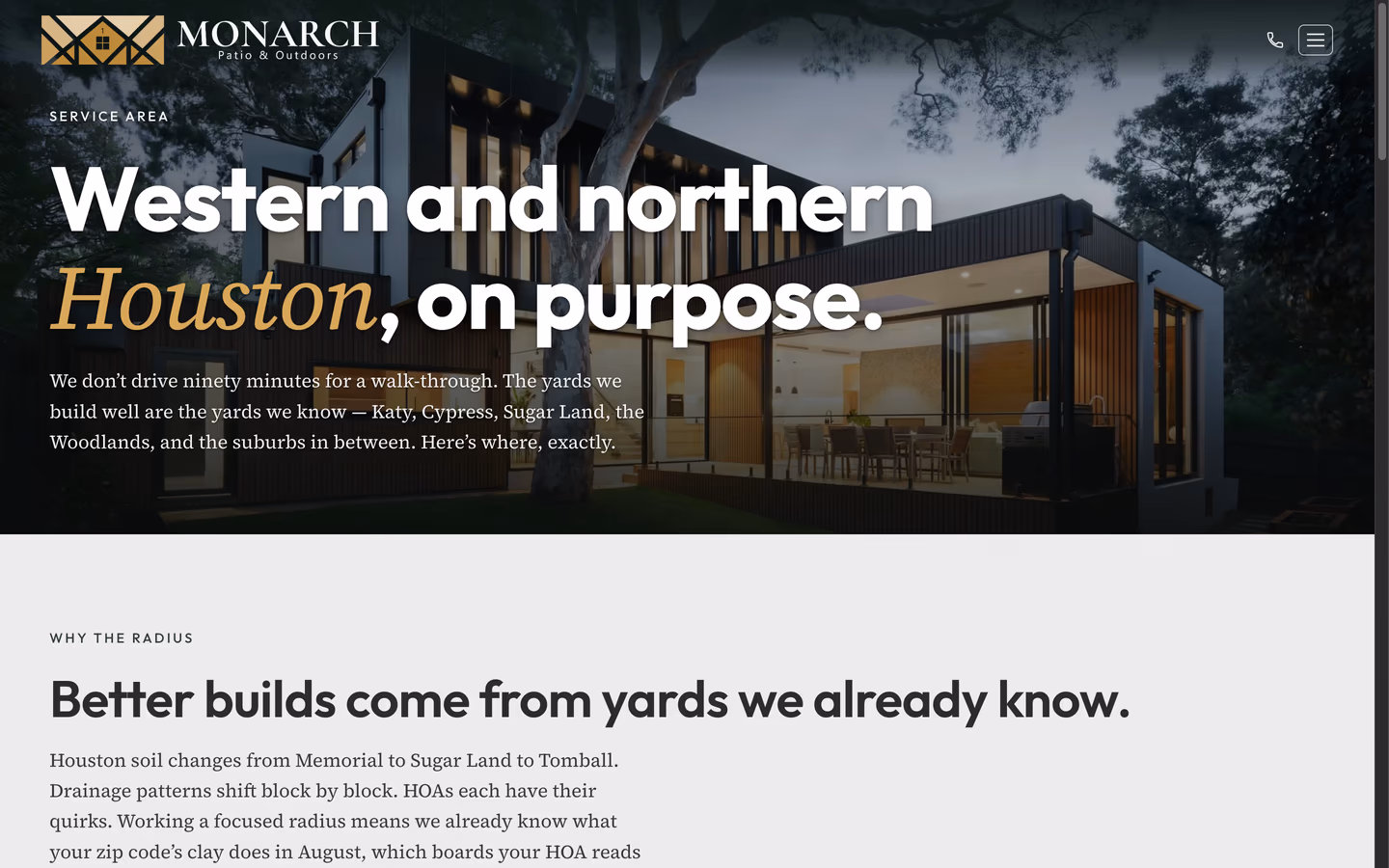 Monarch Patio and Outdoors service-area page header, "Western and northern Houston, on purpose"