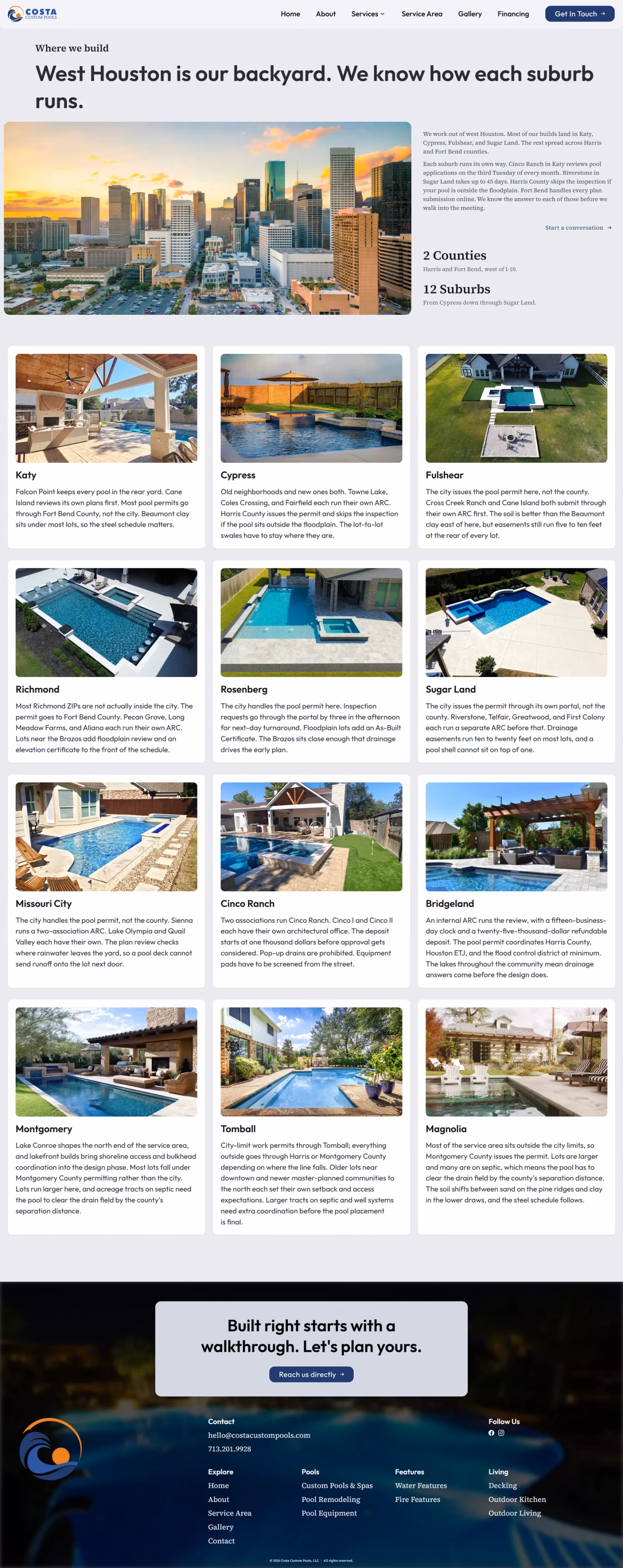 Costa Custom Pools service area page designed by Desque