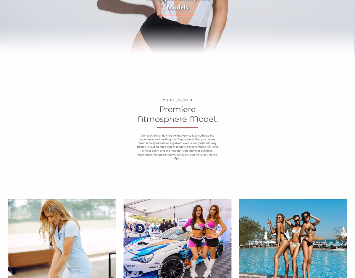 Epic Modeling Agency website services section showing event categories designed by Desque