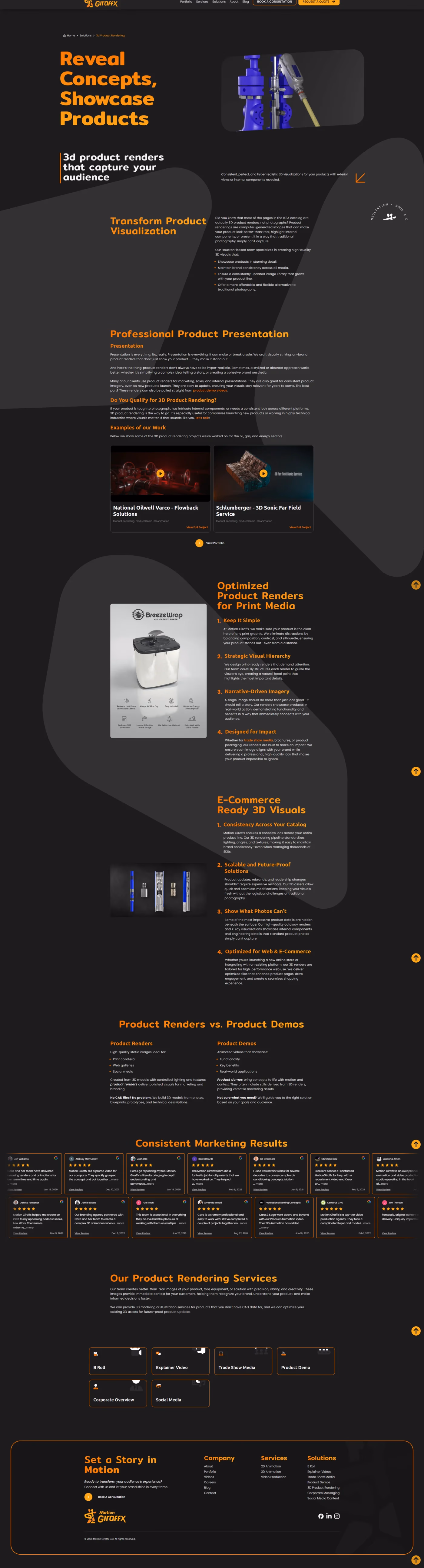 Motion Giraffx 3D product rendering solutions page designed by Desque