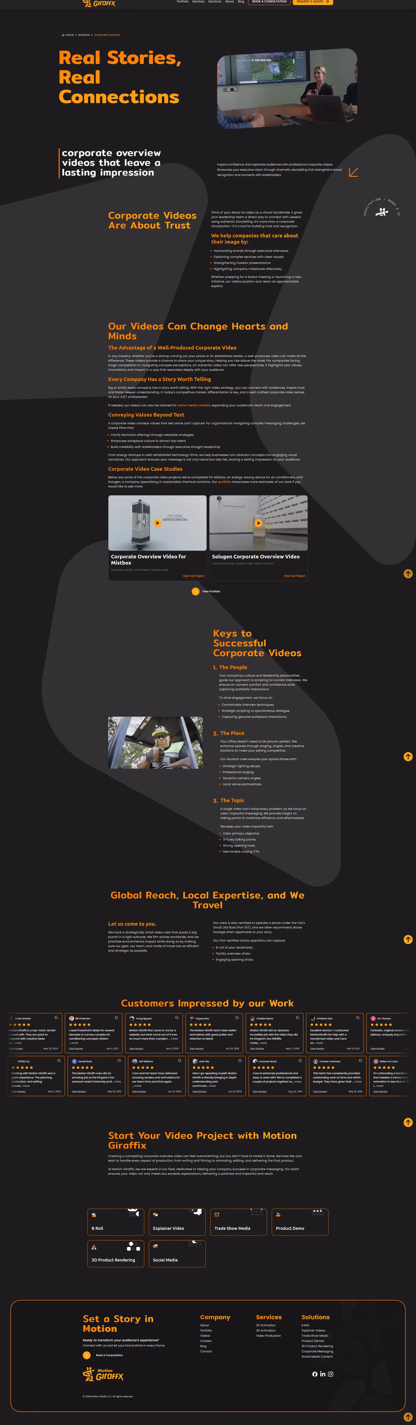 Motion Giraffx corporate overview solutions page designed by Desque
