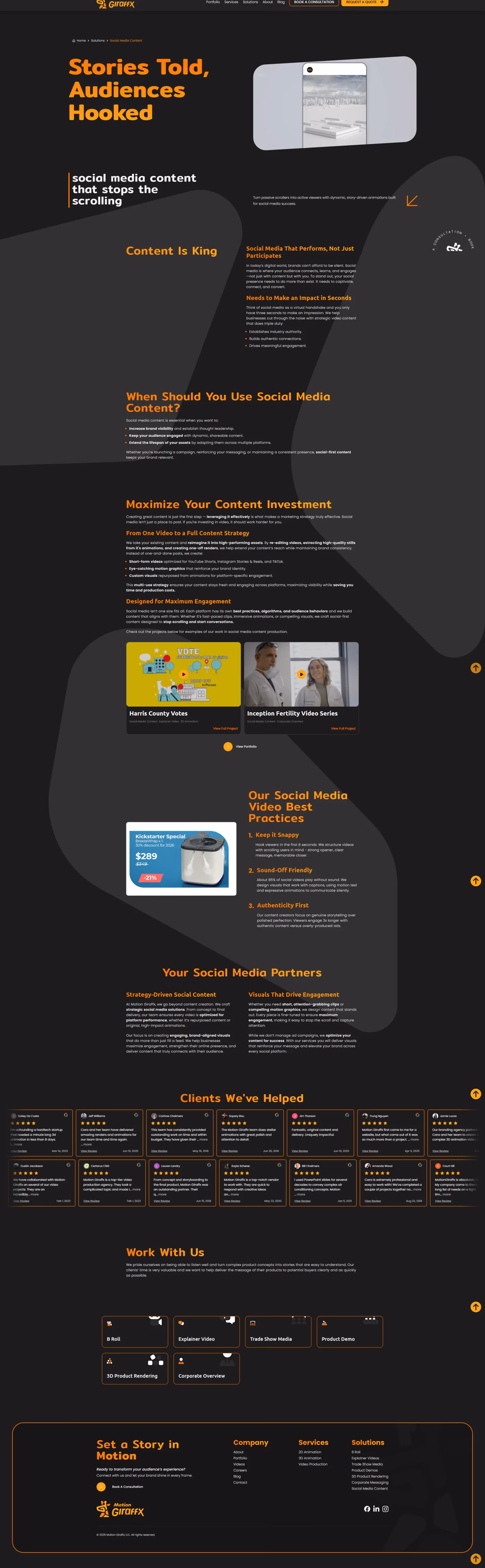 Motion Giraffx social media content solutions page designed by Desque