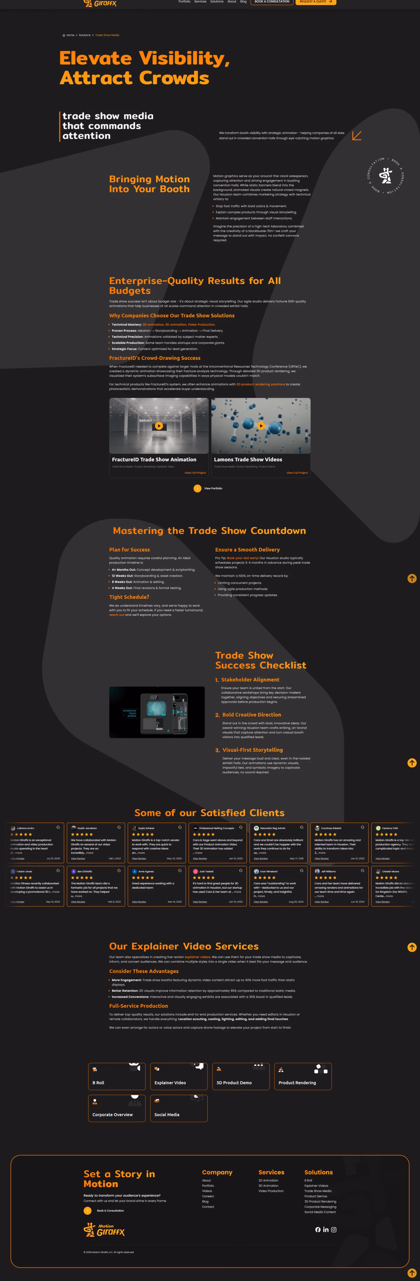 Motion Giraffx trade show media solutions page designed by Desque