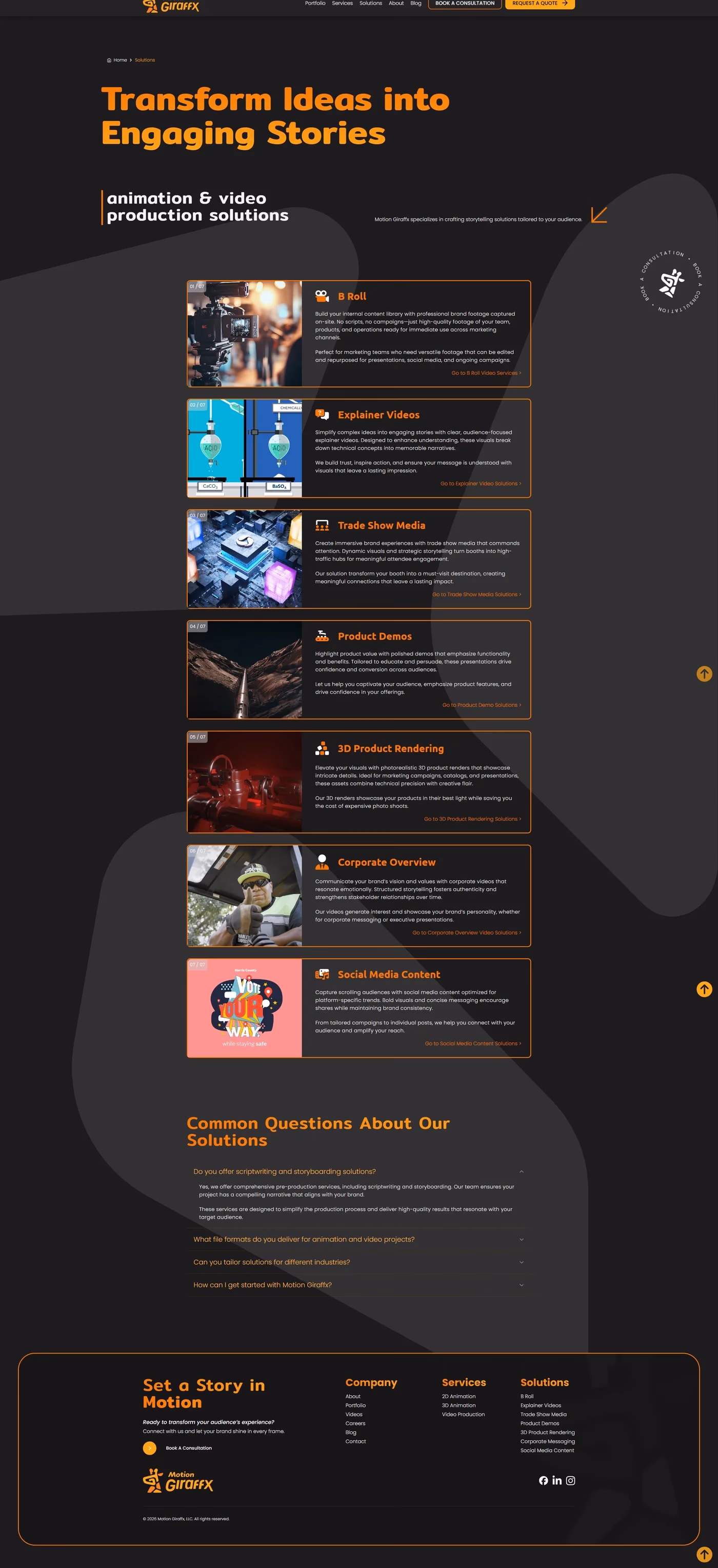 Motion Giraffx solutions overview page designed by Desque