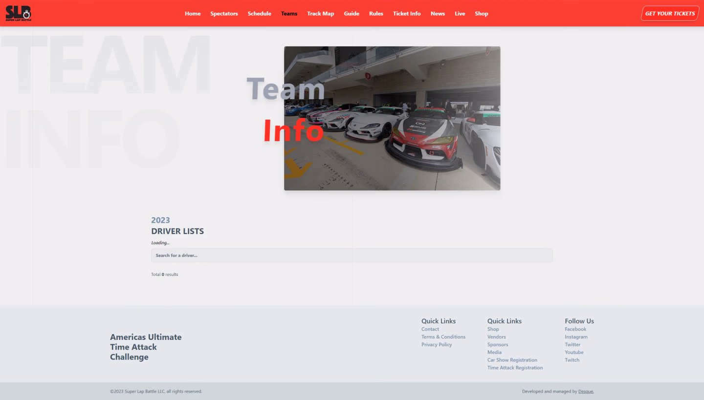 Super Lap Battle teams page designed by Desque, competitor and team directory