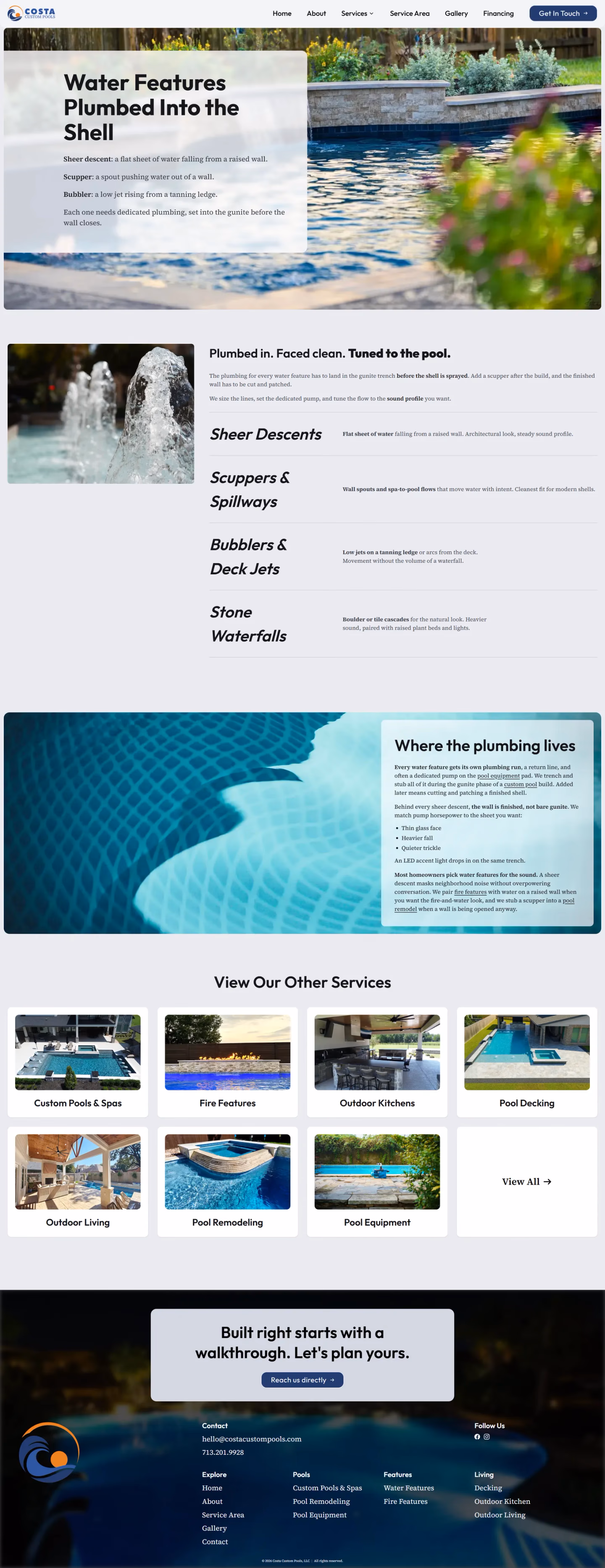 Costa Custom Pools water features service page designed by Desque