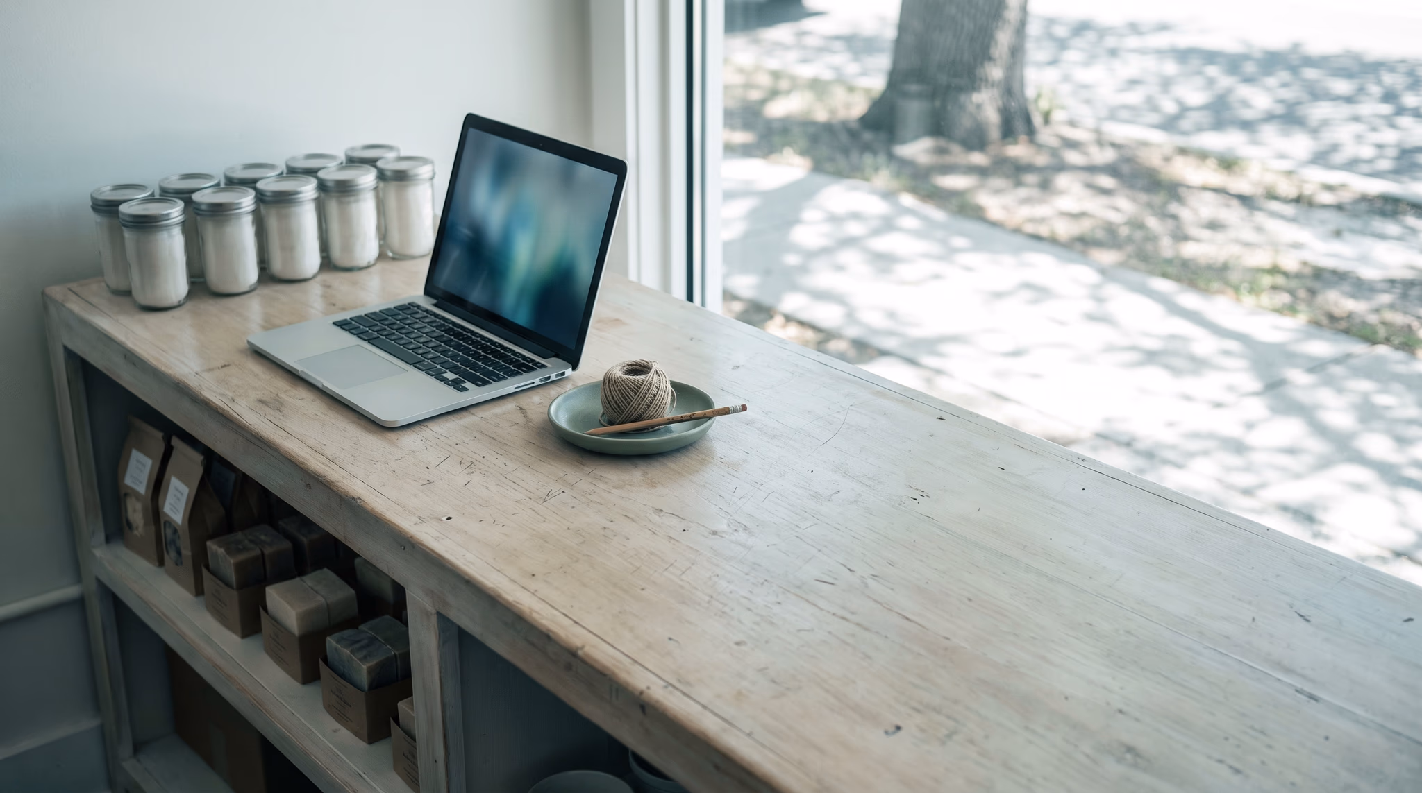 A small shop counter holding one short shelf of unlabeled products beside a single open laptop, a small catalogue run from the marketing site the business already has