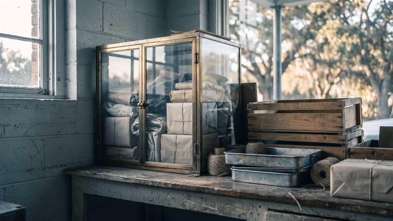 A latched glass display cabinet bolted to a small shop counter, packed to the glass, dwarfed by wooden crates and stacked trays the business has outgrown
