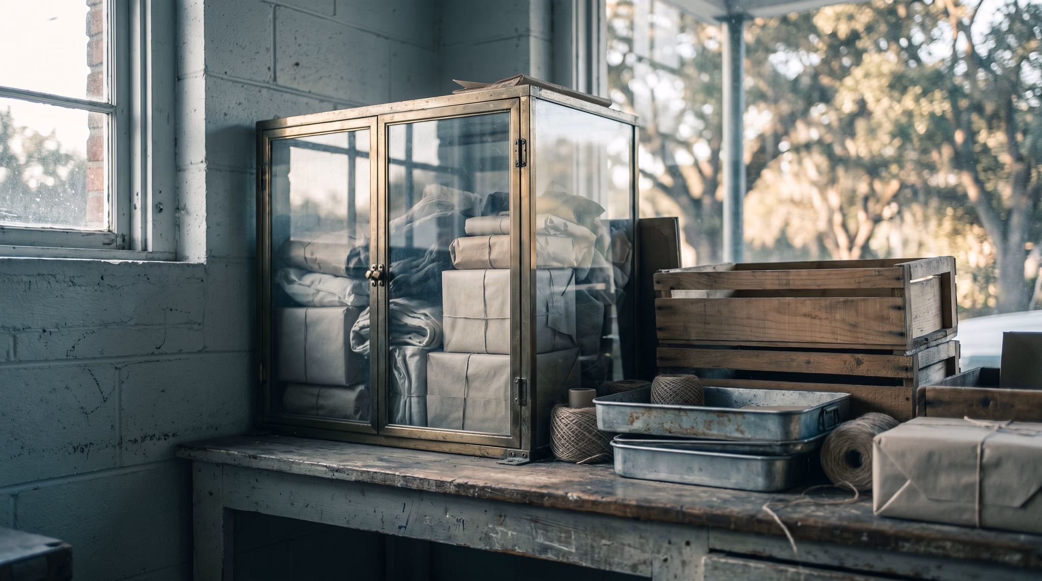 A latched glass display cabinet bolted to a small shop counter, packed to the glass, dwarfed by wooden crates and stacked trays the business has outgrown