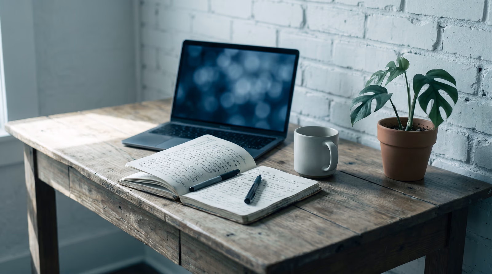 An empty small-business workspace in a Houston Heights studio: open notebook with handwritten notes, ceramic mug, and a laptop with a softly blurred bokeh screen against a white-painted brick wall