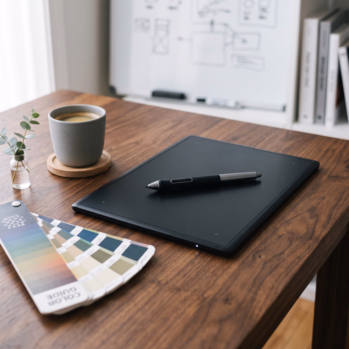 A graphics tablet and stylus pen on a wooden desk beside a fanned color guide swatch book, with a wireframe sketch visible on a whiteboard behind