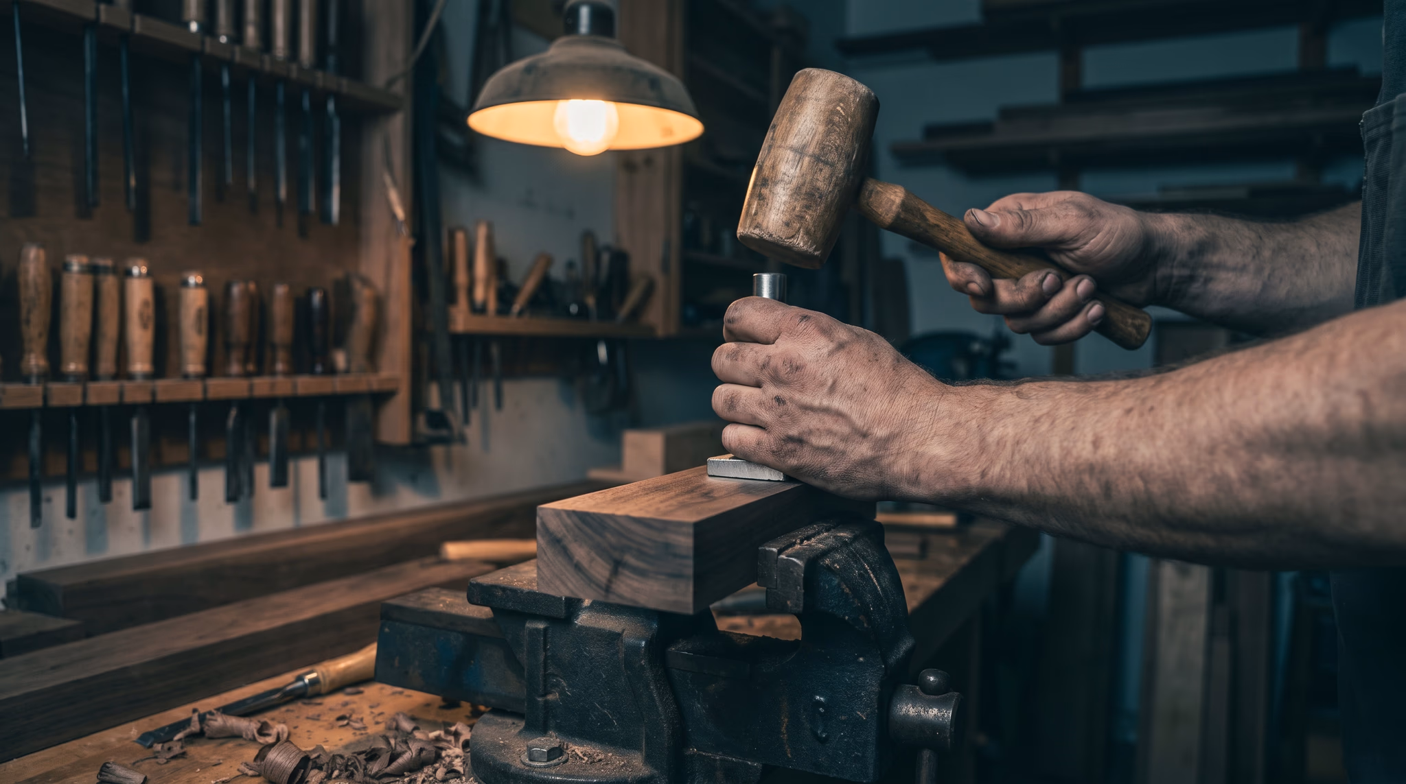 A maker's stamp being struck into the underside of a finished piece clamped in a workshop vise