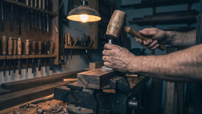 A maker's stamp being struck into the underside of a finished piece clamped in a workshop vise