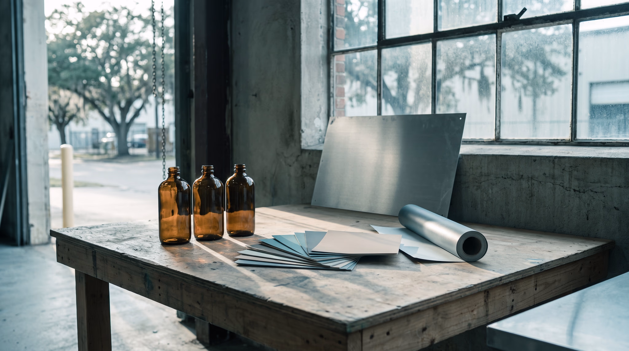 A sign shop worktable holding three unlabeled amber bottles, a fan of blank paper color swatch cards, and a roll of matte vinyl, with a blank aluminium sign panel leaning against the wall behind them and a warehouse window onto live oaks, the raw surfaces a Houston brand identity system gets applied to