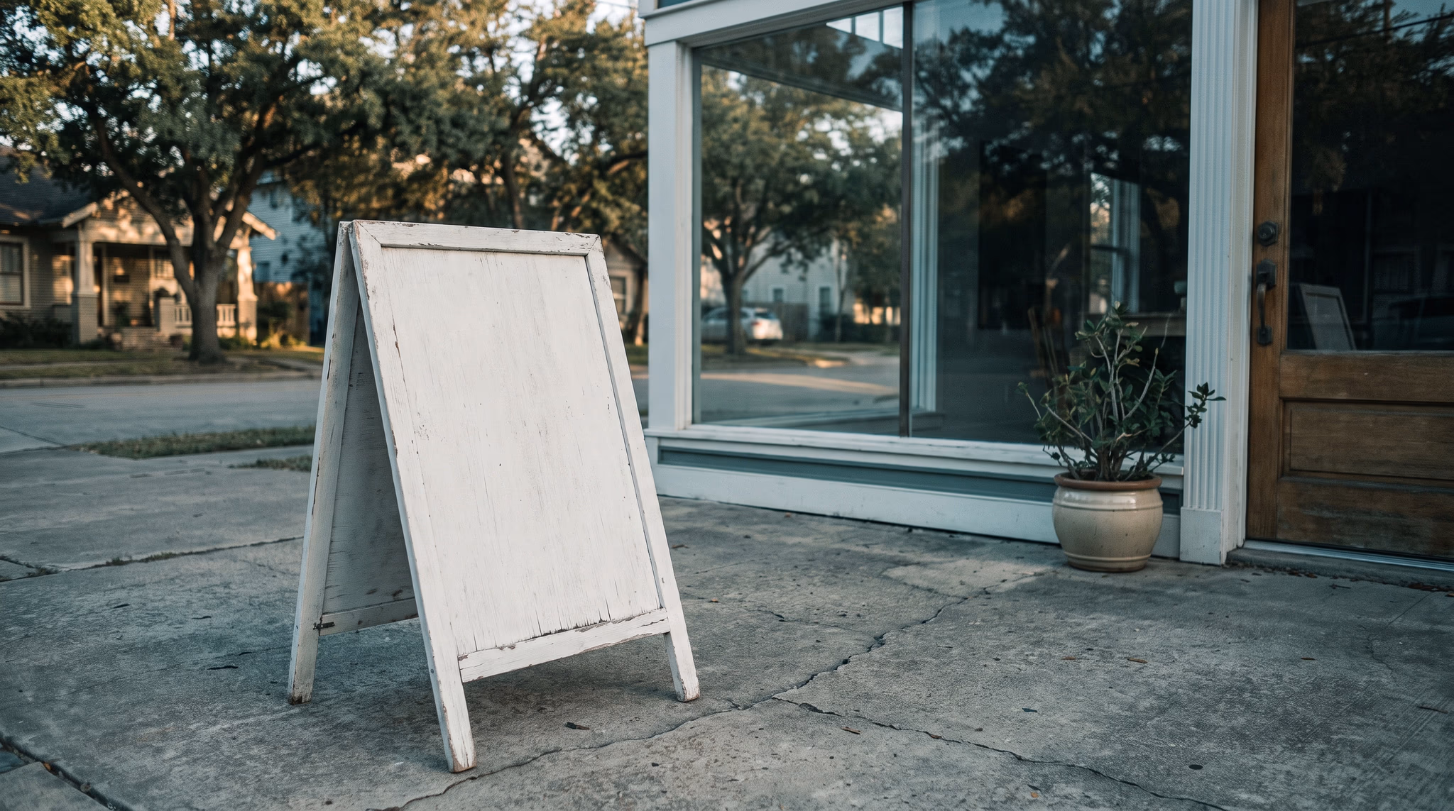 Blank white A-frame sidewalk sign outside a Houston Heights shop at golden hour, its empty faces waiting for the copy the owner has not written yet