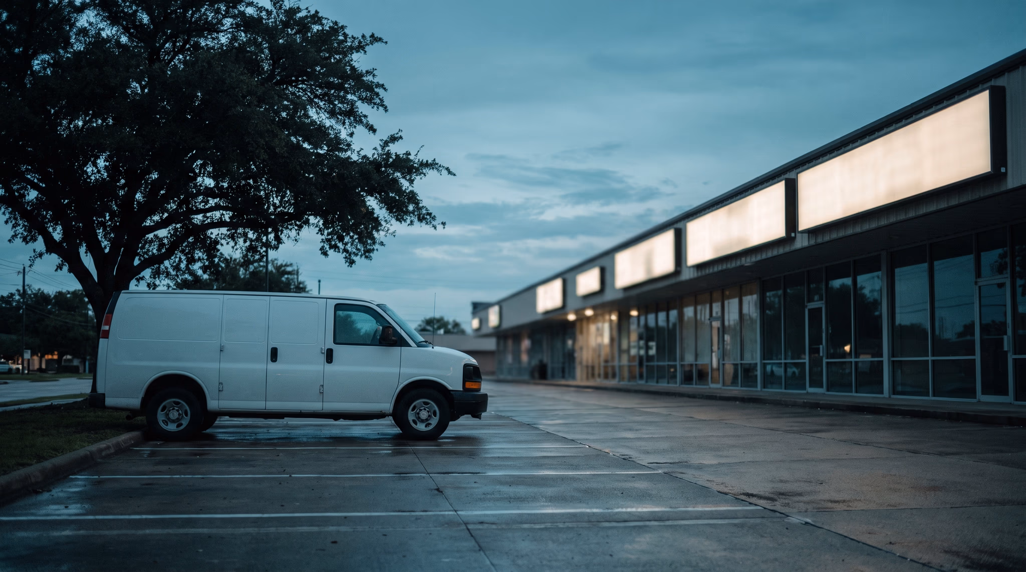 Houston strip center at blue hour after rain, a row of blank lit sign boxes above the storefronts seen edge-on, with an unmarked white service van parked under a live oak in the foreground