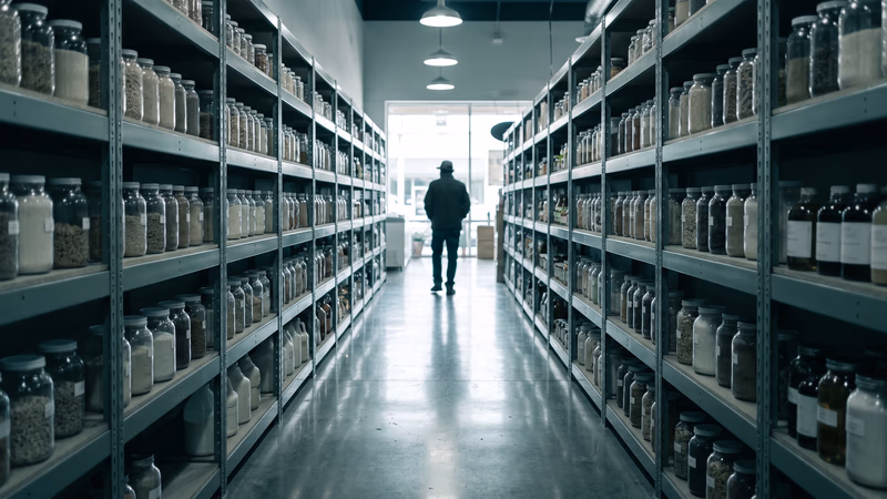 Long aisle in a Houston neighborhood market with unlabeled jars on the shelves and one distant shopper seen from behind, the path a visitor takes before deciding