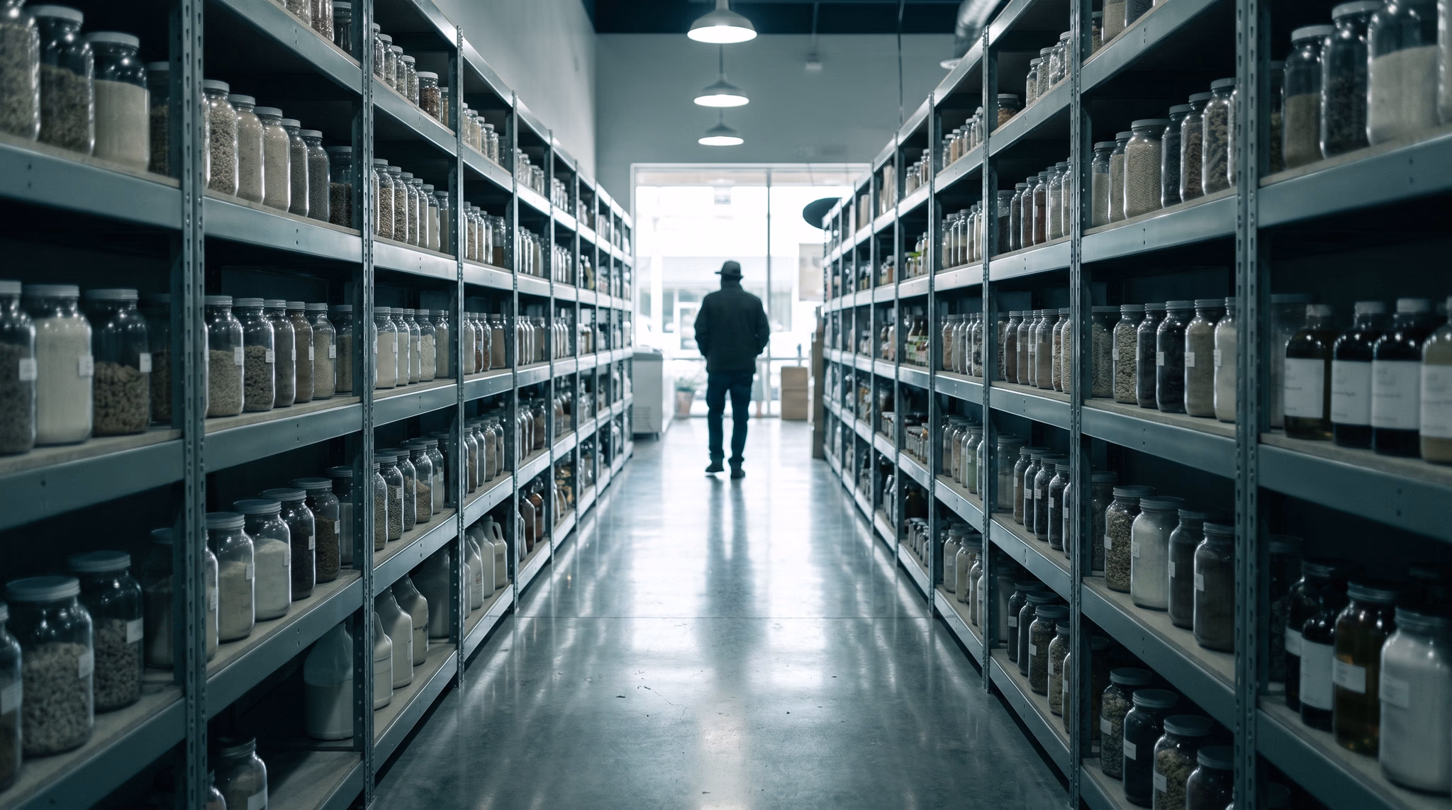 Long aisle in a Houston neighborhood market with unlabeled jars on the shelves and one distant shopper seen from behind, the path a visitor takes before deciding