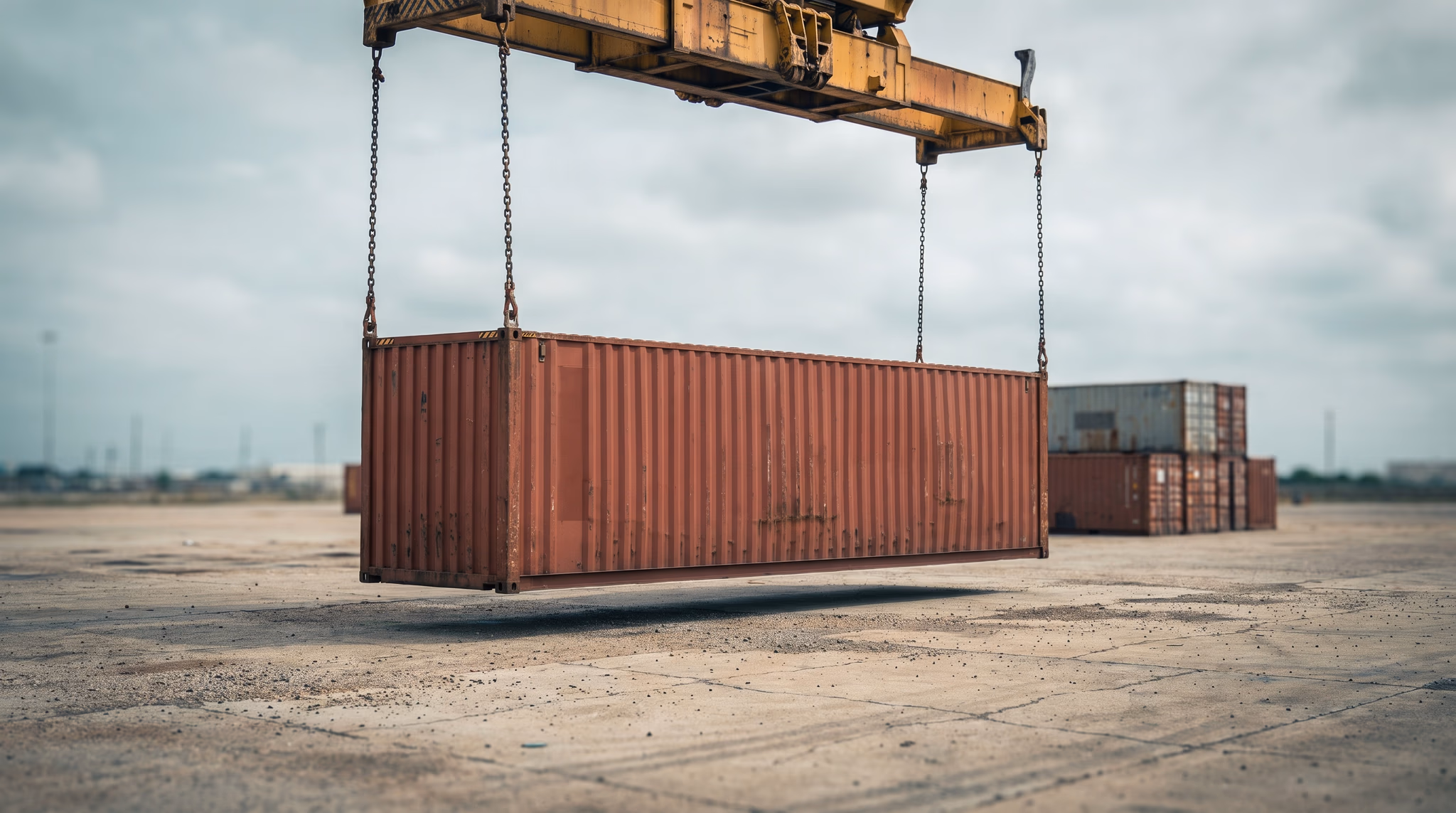 Single plain shipping container held level a few feet off the ground by a crane spreader at a Houston container yard, moved whole to its new place