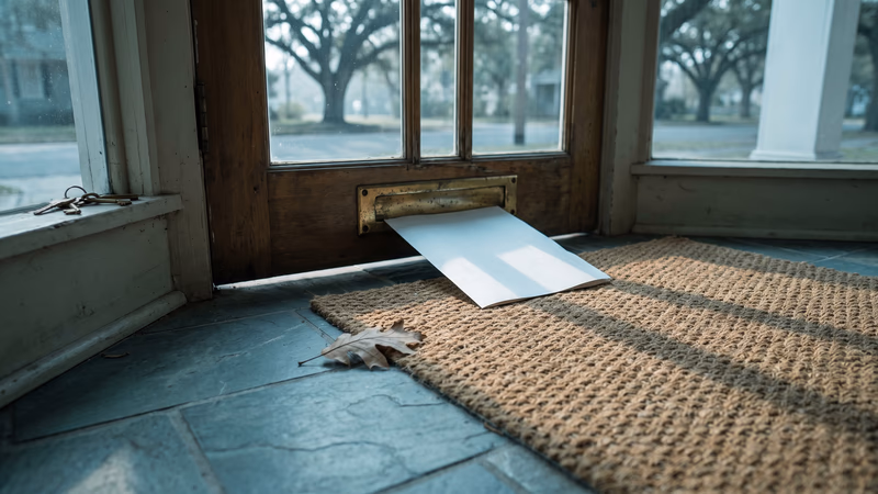 A plain unmarked card on the entry mat inside a shop door, morning light coming in under the door