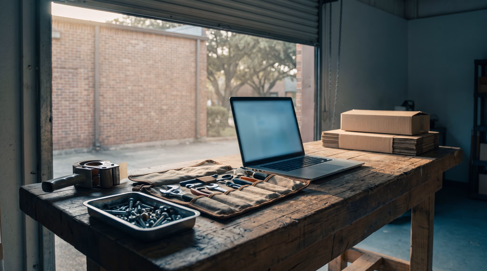 A back-room packing bench in a small Houston shop with an open laptop, an unrolled canvas tool roll and a tray of fasteners, the ongoing upkeep an ecommerce platform asks of its owner