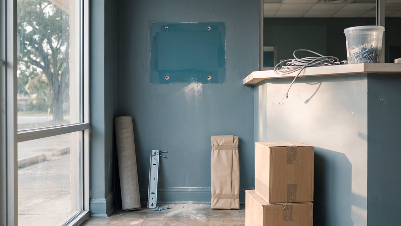 A small business storefront wall mid-move, showing the faded outline and anchor holes where a fixture was removed, with its paper-wrapped replacement and packed cartons waiting nearby