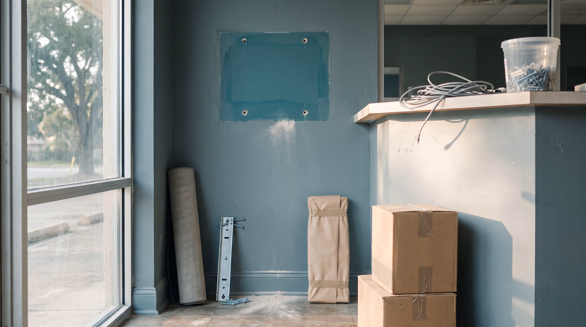 A small business storefront wall mid-move, showing the faded outline and anchor holes where a fixture was removed, with its paper-wrapped replacement and packed cartons waiting nearby