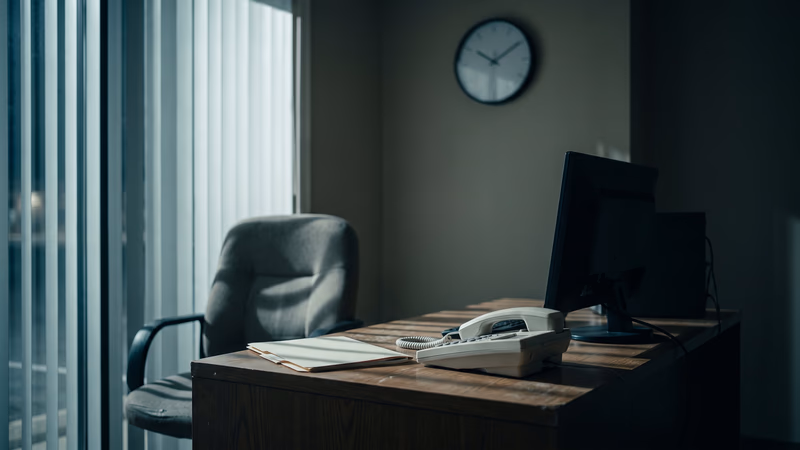A dark small-business back office after hours, empty chair at a desk with a phone, light through half-open blinds