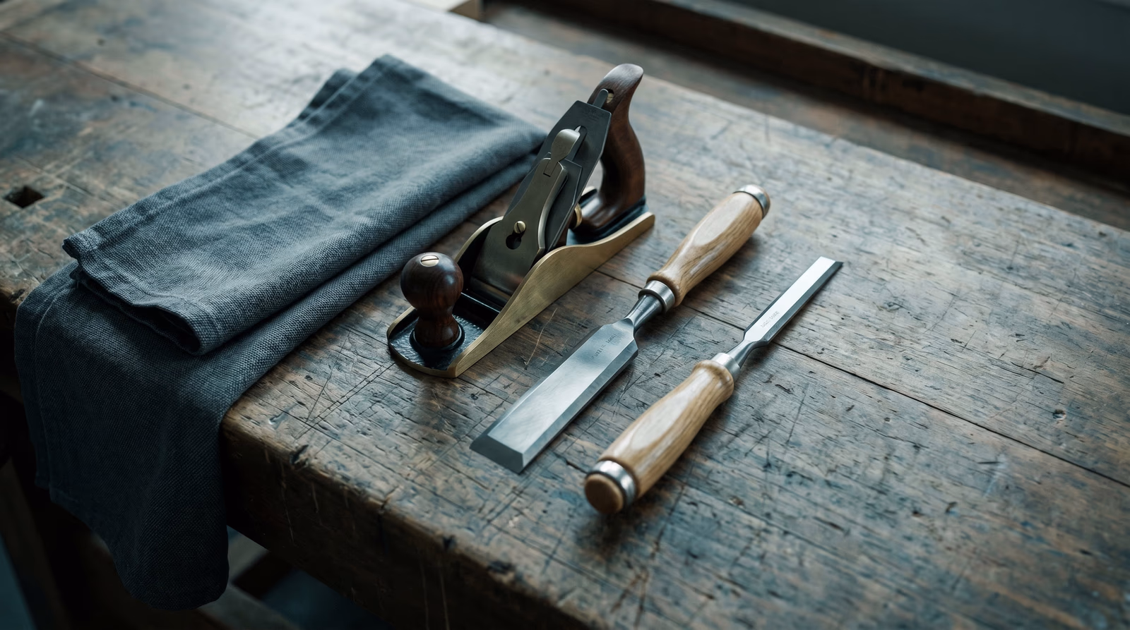Artisan hand tools and folded fabric on a workshop bench — representing the precision and craftsmanship of custom web development over template solutions