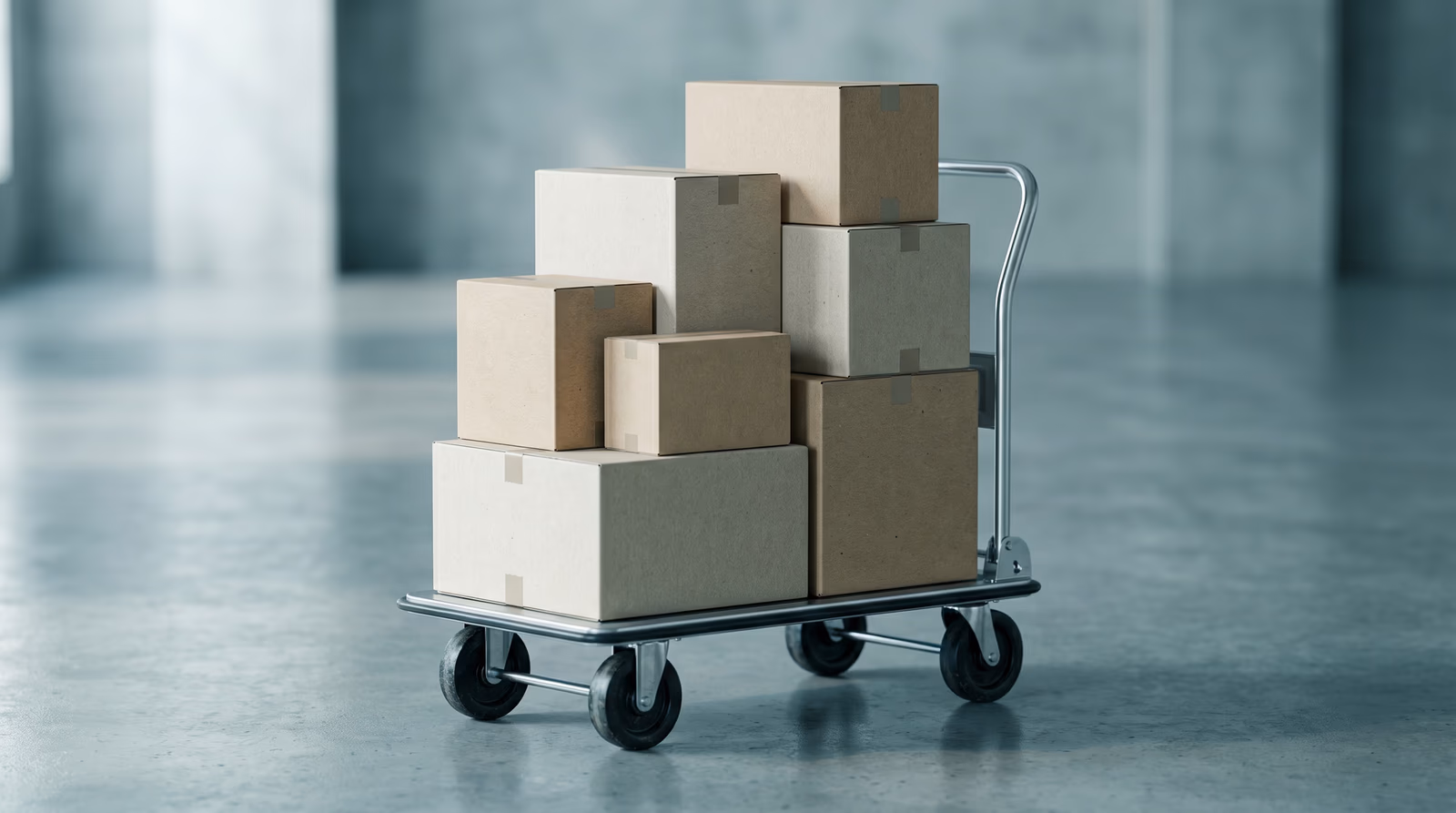 Neatly stacked plain moving boxes on a hand-truck dolly in a minimal space — representing careful planning for a website migration