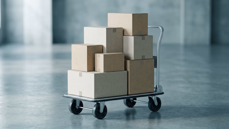 Neatly stacked plain moving boxes on a hand-truck dolly in a minimal space — representing careful planning for a website migration