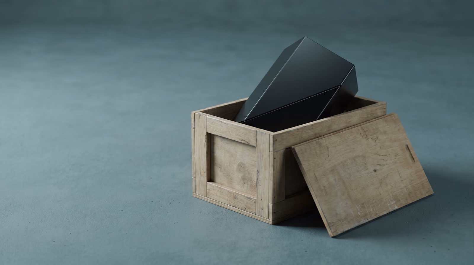 A polished geometric object breaking free from a plain wooden crate on a minimalist surface — visual metaphor for a website outgrowing its platform constraints
