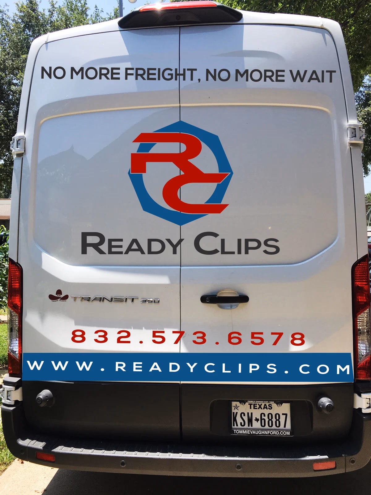 Ready Clips van rear vehicle wrap designed by Desque, bold brand messaging on back panel