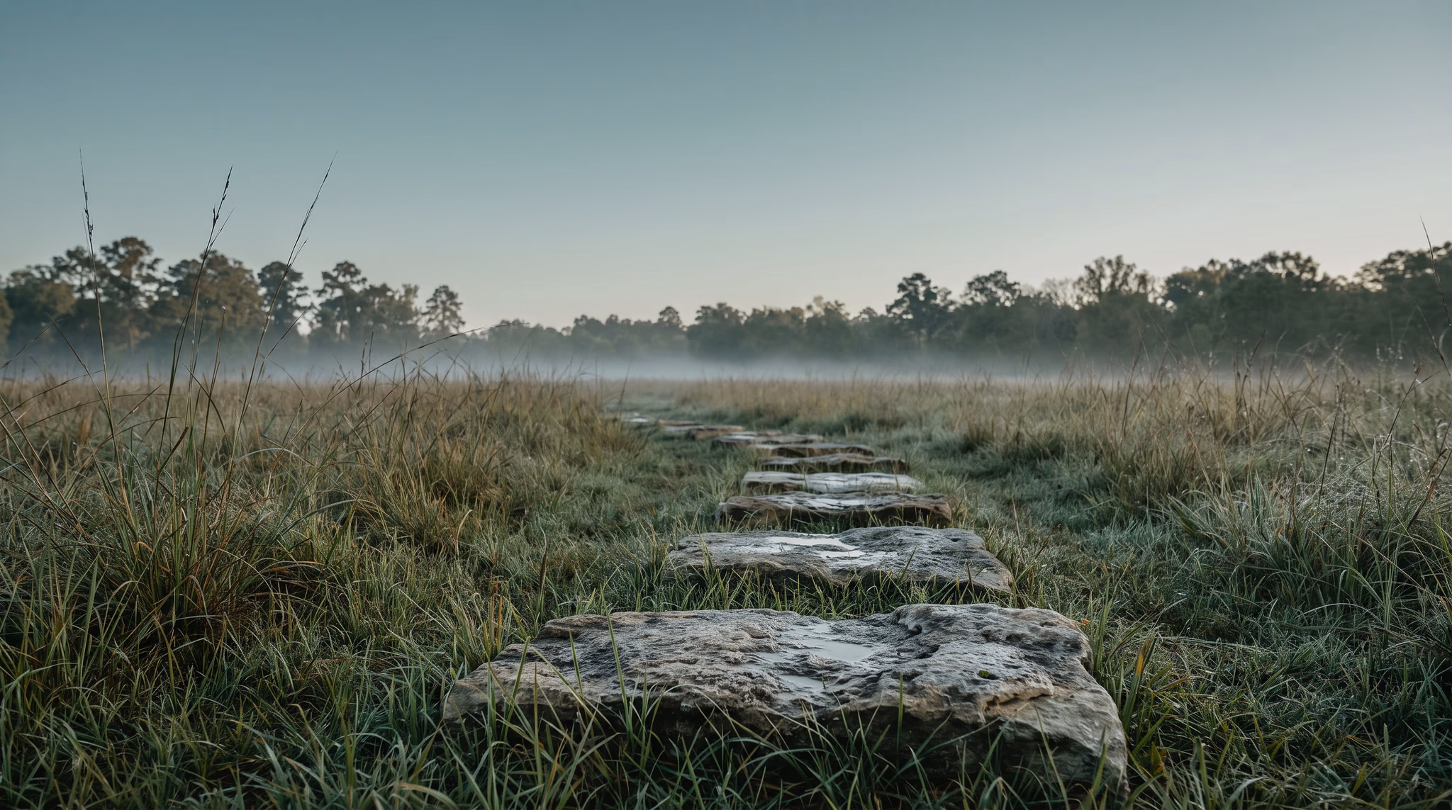 Flat limestone stepping stones lead in a line across a dewy prairie meadow in a Houston park at first light, toward low mist and a distant line of pines
